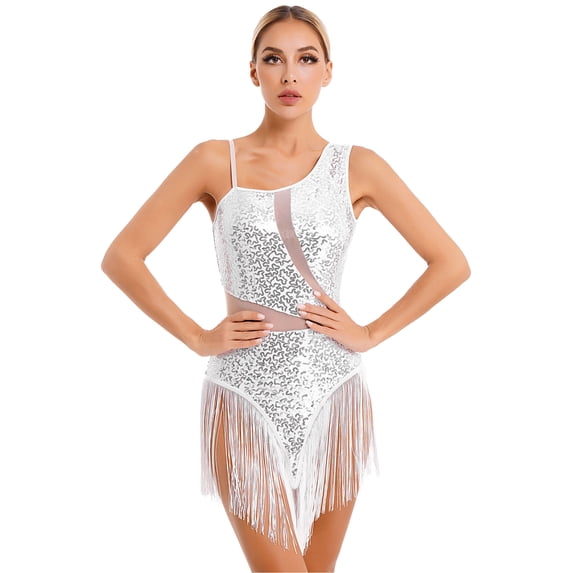 Zaldita Women's Fringe Tassel Dress Sequins Leotard Latin Samba Salsa Ballroom Dance Dress 02#White M