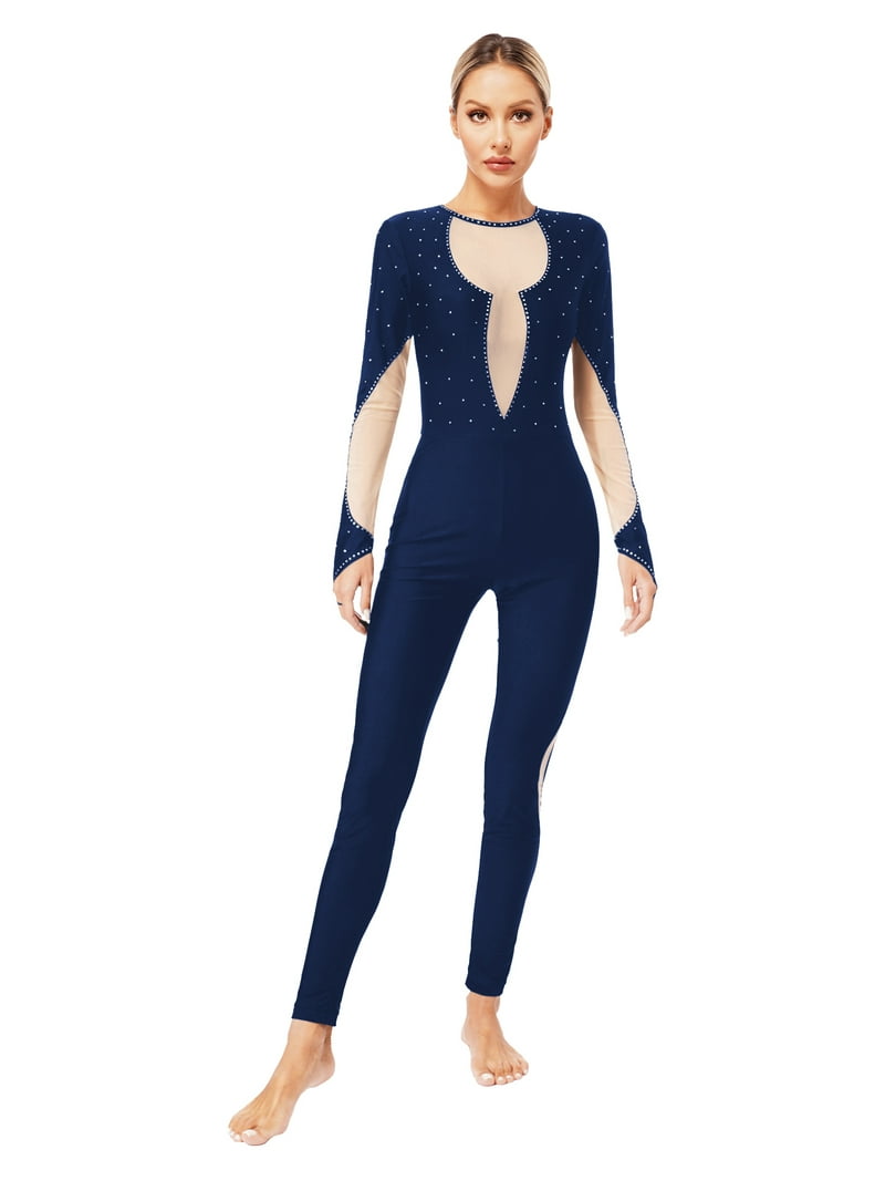 Drawes／Leotard Pile T-shirts NAVY Zaldita Women's Full Body Long Sleeve Rhinestone Unitard One