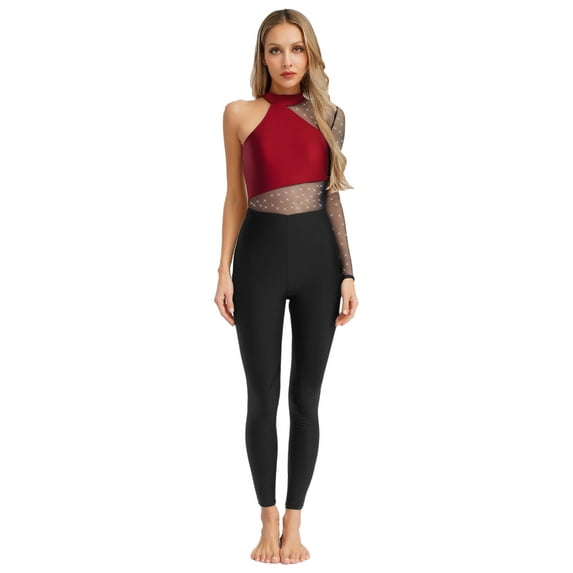 Zaldita Women's Glittery Rhinestone Gymnastics Leotards One Shoulder Mesh Figure Skating Jumpsuit Burgundy S