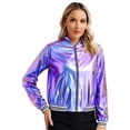 thumbnail image 1 of Zaldita Women's Holographic Zipper Bomber Jacket Long Sleeve Baseball Collar Jacket Coats Blue 3XL, 1 of 7