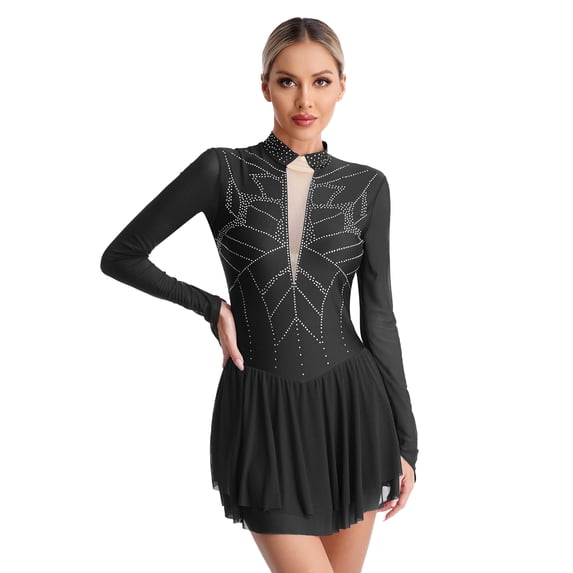 Zaldita Women's Ice Figure Skating Dress Long Sleeve Rhinestone Sheer Mesh Leotard Dress Black XL