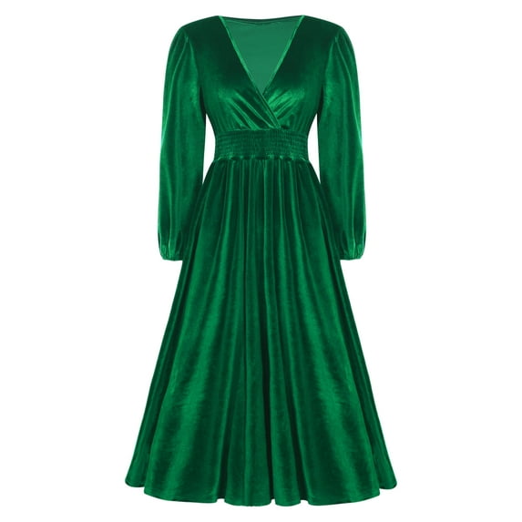 Zaldita Women's Long Sleeve Velvet Cocktail Dress V Neck Wedding Guest Dress Formal Evening Gown Green XXL