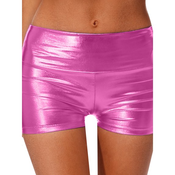 Zaldita Women's Metallic Shiny Rave Booty Shorts High Waist Bottoms for Dance Halloween Pink M