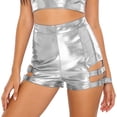 thumbnail image 1 of Zaldita Women's Metallic Shorts Yoga Shiny Sparkly Cutout with Metal Buckles Hot Short Pants Silver L, 1 of 5