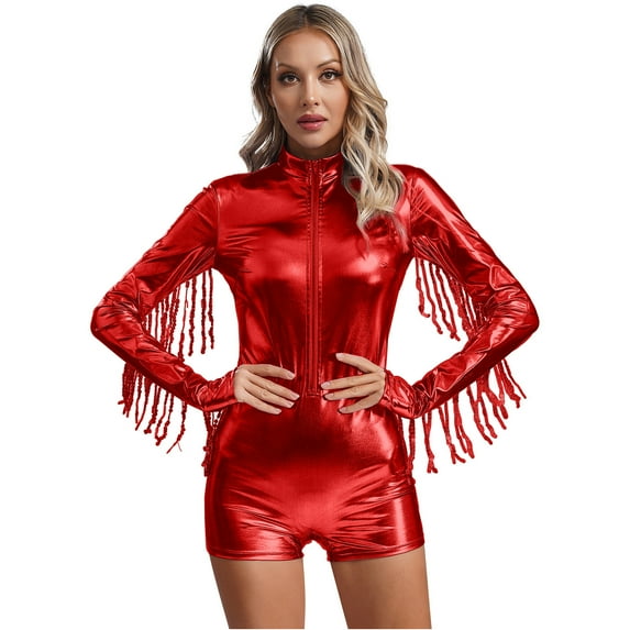 Zaldita Women's Metallic Tassel Bodysuit Shiny Glitter Fringe Hem Dance Jumpsuit Sequin Fringe Y2K Catsuit Red XXL