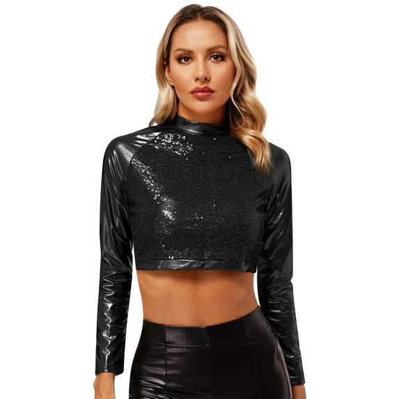Zaldita Women's Metallic Tops Long Sleeve Holographic Shiny Tees Glitter Sparkle Shirt for Party Club Concert Black One Size