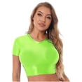 thumbnail image 1 of Zaldita Women's Oil Glossy Short Sleeve Crew Neck Workout Crop Tops T-Shirts Yoga Nylon Tight Vest Fluorescent Green M, 1 of 7