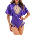 thumbnail image 1 of Zaldita Women's Princess Drama Show Costume Deep V Mesh Splice Leotard Bodysuit with Cape Outfit Purple XXL, 1 of 7