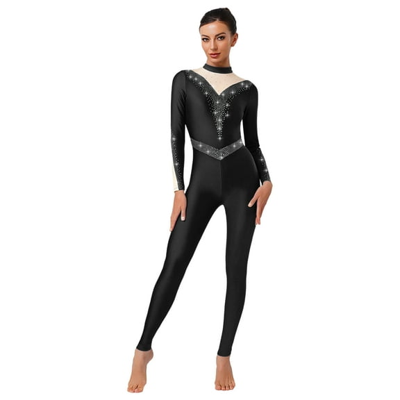 Zaldita Women's Rhinestones Long Sleeve Gymnastics Unitard Full Length Figure Ice Skating Jumpsuit Black XXL