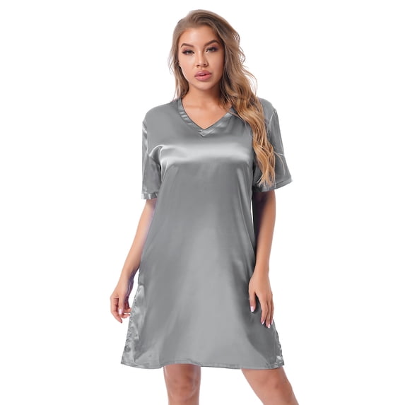 Zaldita Women's Satin Nightgowns V-Neck Night Shirt Loungewear Side Split Short Sleeve Sleepshirts Grey M