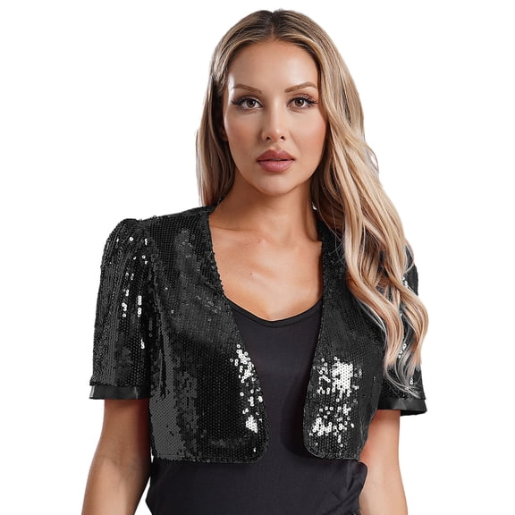 Zaldita Women's Sequin Jacket Evening Shrugs Short Sleeve Open Front Cropped Bolero for Formal Dresses Black XXL