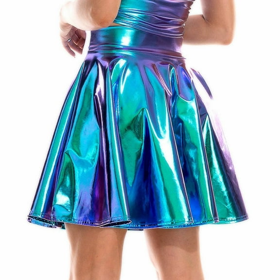 Zaldita Women's Shiny Metallic Dance Disco Pleated A-Line Skater Skirt High Waisted Holographic Flared Skirt Blue B M