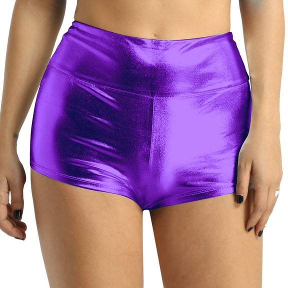 Zaldita Women's Shiny Metallic High Waist Dance Booty Shorts Hot Pants Bottoms for Rave Dance Purple M