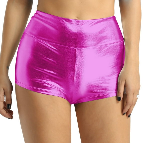 Zaldita Women's Shiny Metallic High Waist Dance Booty Shorts Hot Pants Bottoms for Rave Dance Rose S