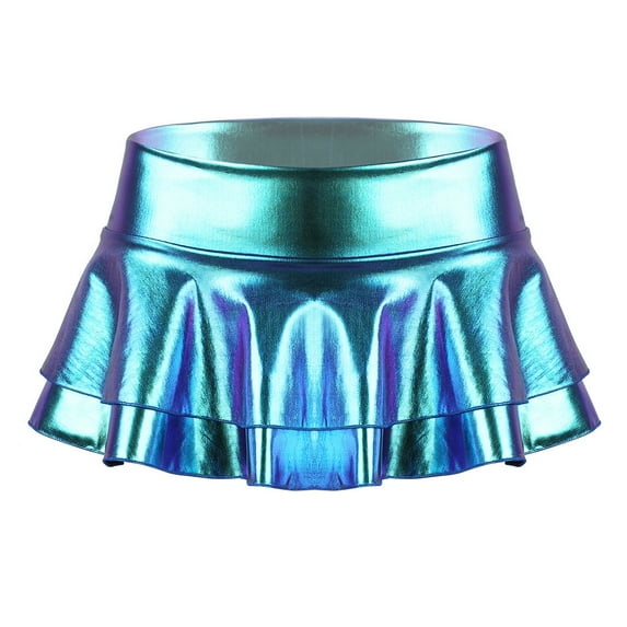 Zaldita Women's Shiny Metallic Mini Skirt Latex Pleated Micro Skater Skirt Rave Party Nightout Clubwear Blue XL