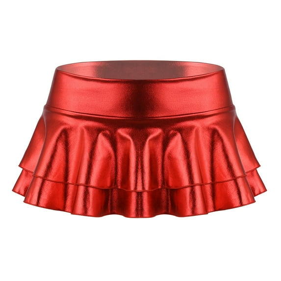 Zaldita Women's Shiny Metallic Mini Skirt Latex Pleated Micro Skater Skirt Rave Party Nightout Clubwear Red S