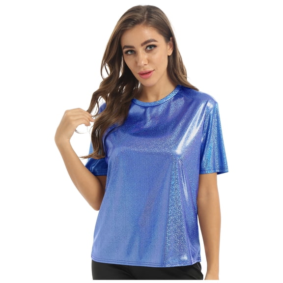 Zaldita Women's Shiny Metallic Short Sleeve T-shirt Holographic Top Blouse Dancewear Rave Festival Blue L