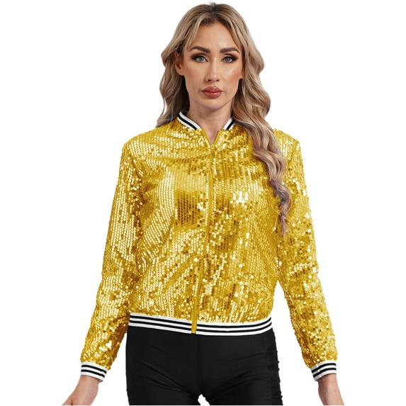 Zaldita Women's Shiny Sequin Bomber Jacket Baseball Collar Long Sleeve Zip Up Coat Outerwear Gold 16