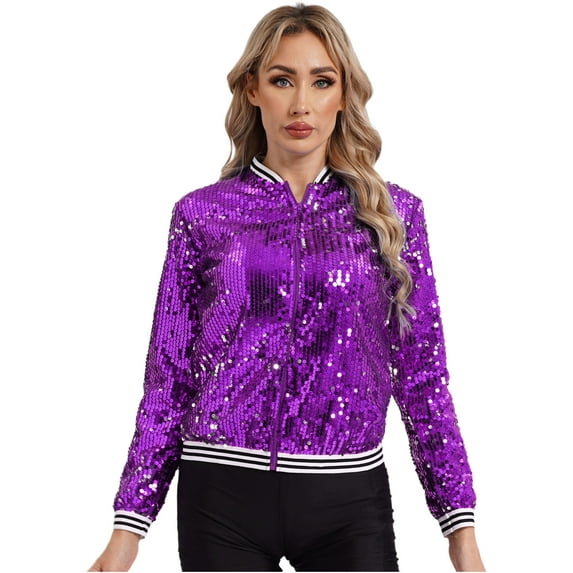 Zaldita Women's Shiny Sequin Bomber Jacket Baseball Collar Long Sleeve Zip Up Coat Outerwear Purple 14