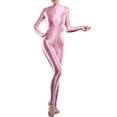 thumbnail image 1 of Zaldita Women's Shiny Spandex Unitard High Neck Long Sleeves Ankle Length Leotard Jumpsuit Pink One Size, 1 of 4