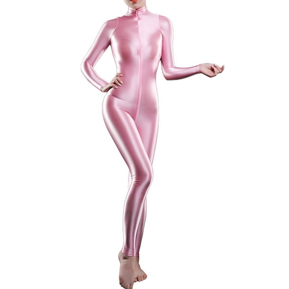 Zaldita Women's Shiny Spandex Unitard High Neck Long Sleeves Ankle Length Leotard Jumpsuit Pink One Size