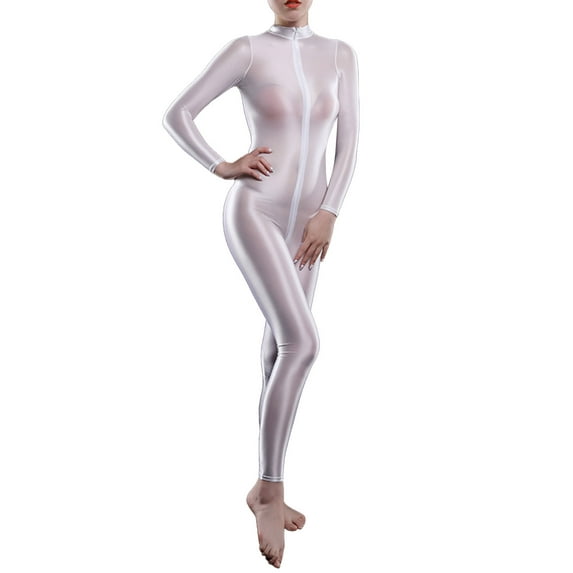Zaldita Women's Shiny Spandex Unitard High Neck Long Sleeves Ankle Length Leotard Jumpsuit White One Size