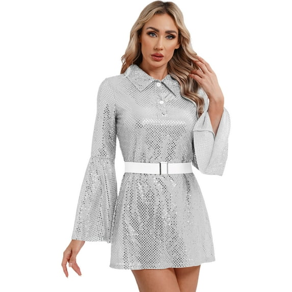 Zaldita Womens 60s Retro Disco Dress Long Sleeve Sequin Mini Dress Rave Party Club Cocktail Dresses Silver L