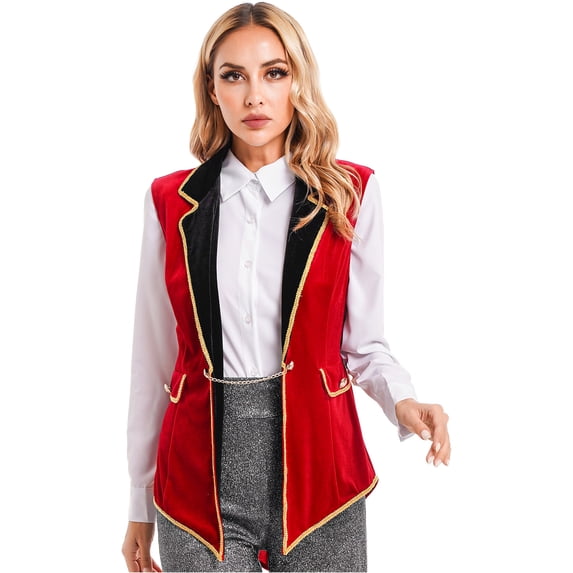 Zaldita Womens Adults Showman Dress Up Velvet Circus Ringmaster Outwear Open Front Coat Jacket Red XXL