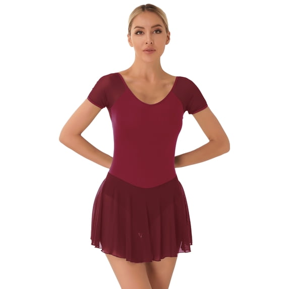 Zaldita Womens Ballet Dress Ballet Skirted Leotard Round Neck Short Sleeve Gymnastics Dancewear Burgundy L