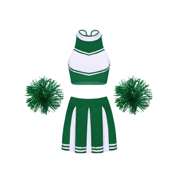 Zaldita Womens Cheerleading Outfits Sleeveless Crop Top with Pleated Skirt Pom Poms B Green M