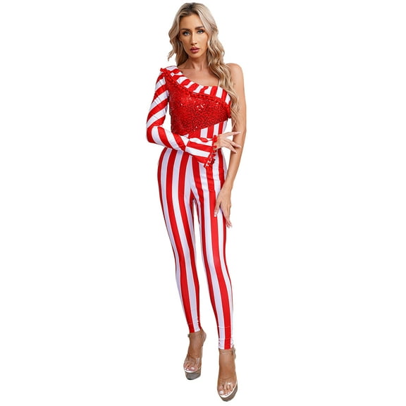 Zaldita Womens Christmas Candy Cane Jumpsuit Shiny Sequins Striped Bodysuit Leotard Red XXL