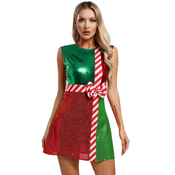 Zaldita Womens Christmas Mrs Santa Dress with Safe Briefs Adult Sleeveless Sequins Dance Dress Green S