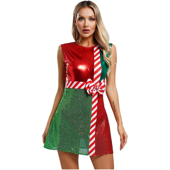 Zaldita Womens Christmas Mrs Santa Dress with Safe Briefs Adult Sleeveless Sequins Dance Dress Red XL