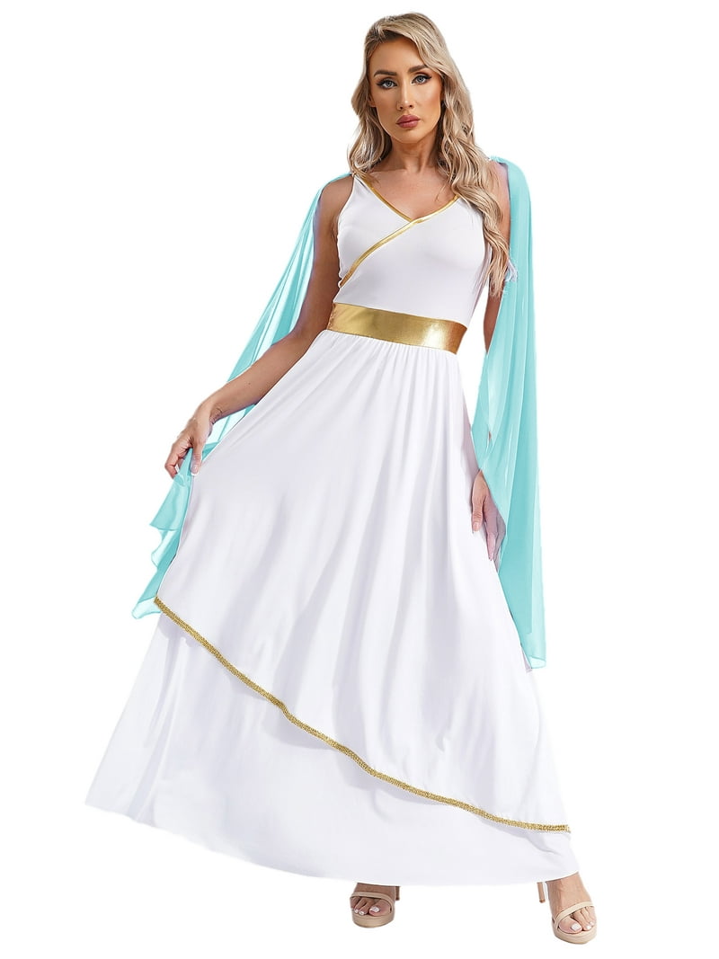 blue greek goddess dress Zaldita Womens God Roman Queen Up Chiffon Cape Maxi Dress Toga Gowns Halloween Party Light 4XL and down at your