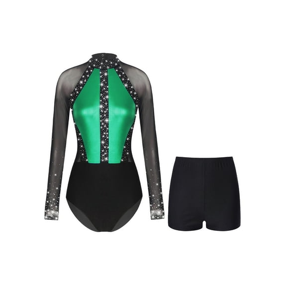 Zaldita Womens Long Sleeve Gymnastics Leotards with Shorts Outfits Sparkling Rhinestones Dancewear Green L