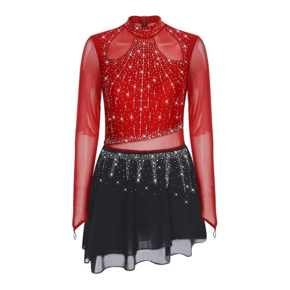 Zaldita Womens Lyrcial Dance Dress Rhinestone Long Sleeve Chiffon Modern Figure Skating Bodysuit Burgundy XL