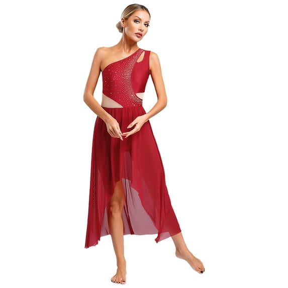 Zaldita Womens Lyrical Dance Dress Flowy Mesh One Shoulder Leotard Modern Contemporary Dancewear Burgundy XXL