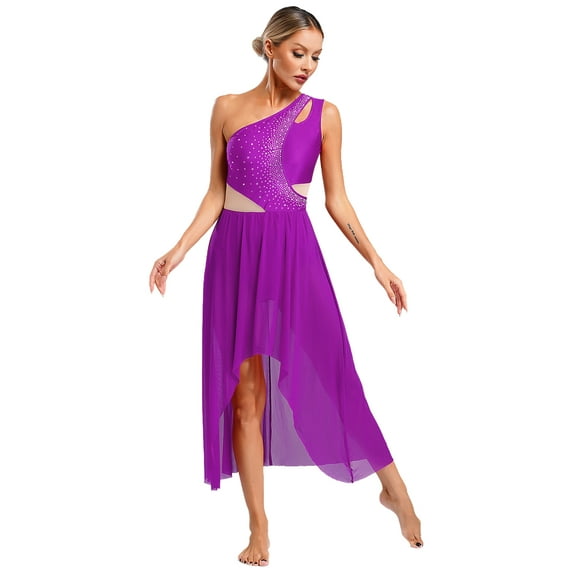 Zaldita Womens Lyrical Dance Dress Flowy Mesh One Shoulder Leotard Modern Contemporary Dancewear Purple XL