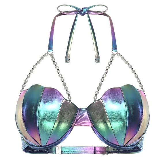 Zaldita Womens Mermaid Shell Shaped Halter Neck Pearl Chains Bra Top Shiny Slight Padded Bikini Bra Blue XL