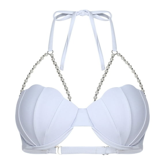 Zaldita Womens Mermaid Shell Shaped Halter Neck Pearl Chains Bra Top Shiny Slight Padded Bikini Bra White S