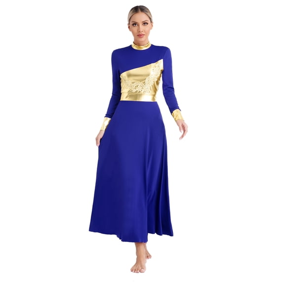 Zaldita Womens Metallic Gold Praise Dance Dress Lyrical Church Worship Dance Tunic Full Length Blue XXL