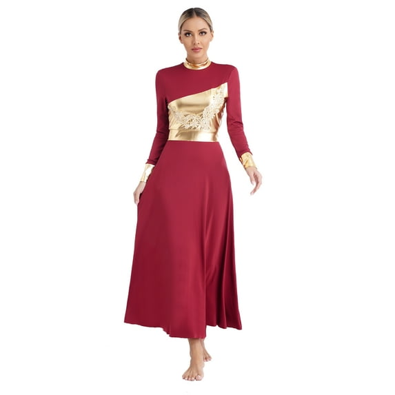 Zaldita Womens Metallic Gold Praise Dance Dress Lyrical Church Worship Dance Tunic Full Length Burgundy XXL