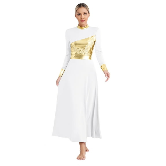 Zaldita Womens Metallic Gold Praise Dance Dress Lyrical Church Worship Dance Tunic Full Length White L