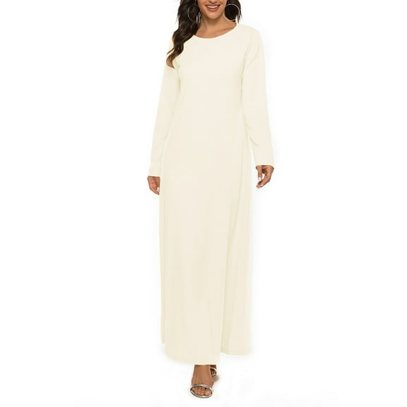 Zaldita Womens Muslim Prayer Dress Long Sleeve Islamic Abayas Arabian Robe Dubai Kaftan Nude S-M