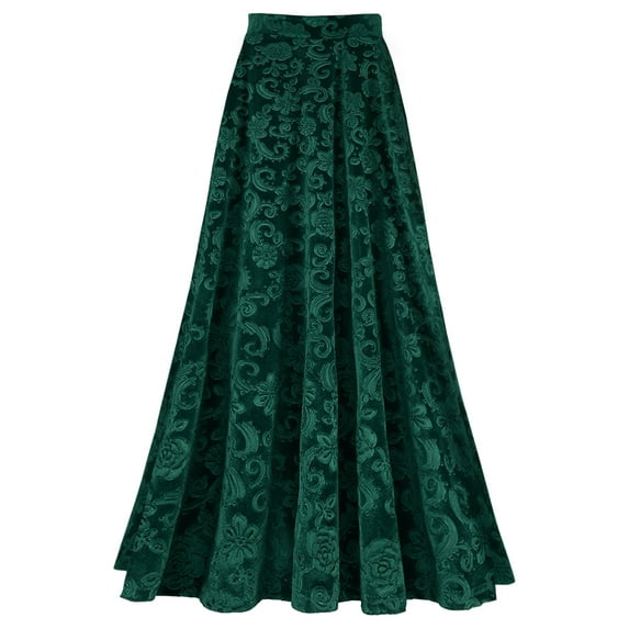 Zaldita Womens Retro Vintage Floral Jacquard Skirt Elastic High Waisted Casual A-Line Velvet Long Maxi Skirts Green M