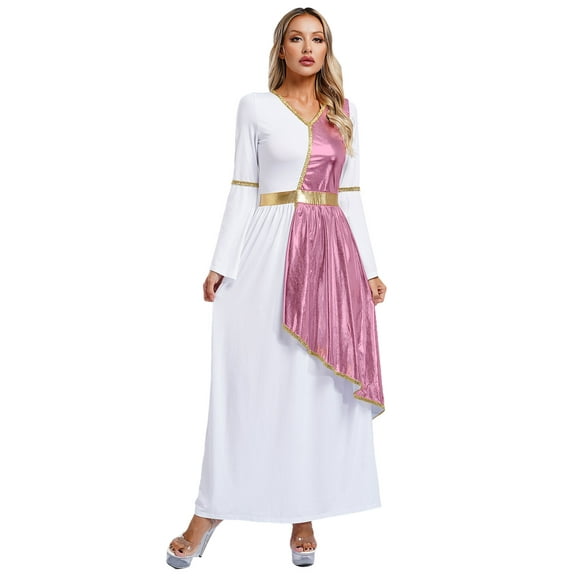Zaldita Womens Roman Princess Greek Toga Party Dress Metallic Overlay Gold Trim Lyrical Dancewear Pink S