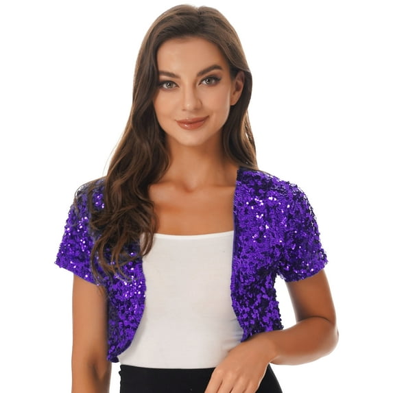 Zaldita Womens Sequin Jacket Open Front Blazer Casual Short Sleeve Bolero Shrug Cardigan Coat Purple One Size