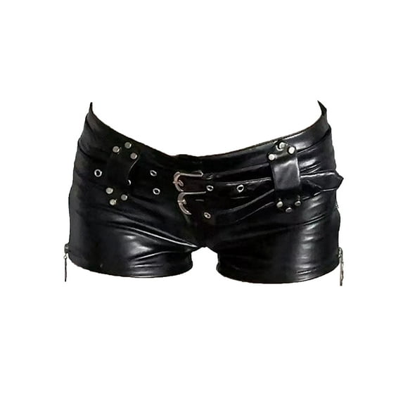 Zaldita Womens Shiny Metallic Wet Look Booty Shorts Adjustable Belts Mini Hot Pants Summer Shorts Black L