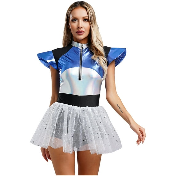 Zaldita Womens Shiny Tutu Dance Dresses Leotard for Outer Space Man Halloween Alien Dress Up Silver XXL