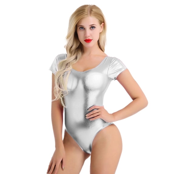 Zaldita Womens Short Sleeve Leotard Wet Look Patent Leather Bodysuit for Ballet Gymnastics Dance Silver XXL